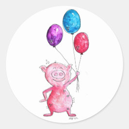 Whimsical Pink Pig. met ballonnen Ronde Sticker