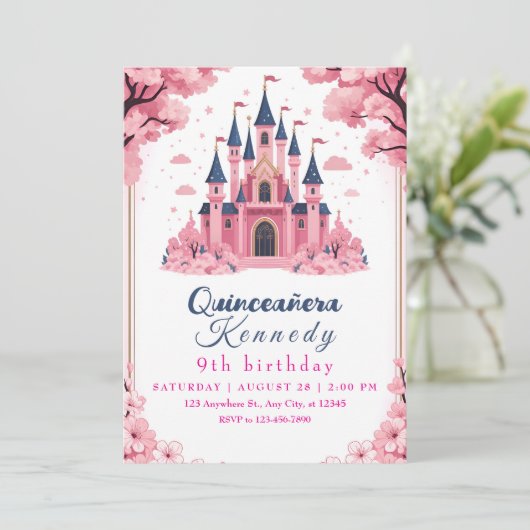 Whimsical Pink Princess Castle Birthday Kaart (Staand voorkant)