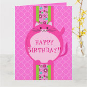 Whimsical Pink Puff Kat Quatrefoil Birthday Card Kaart (Gele Bloem)