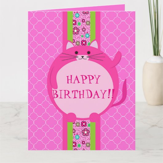 Whimsical Pink Puff Kat Quatrefoil Birthday Card Kaart (Voorkant)