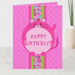 Whimsical Pink Puff Kat Quatrefoil Birthday Card Kaart