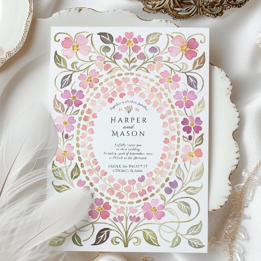 Whimsical Pink & Purple Floral Petal Frame Wedding Kaart