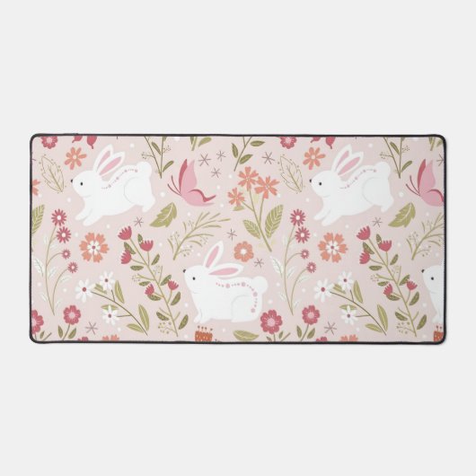 Whimsical Pink Rabbit and Floral Meadow Bureaumat (Voorkant)