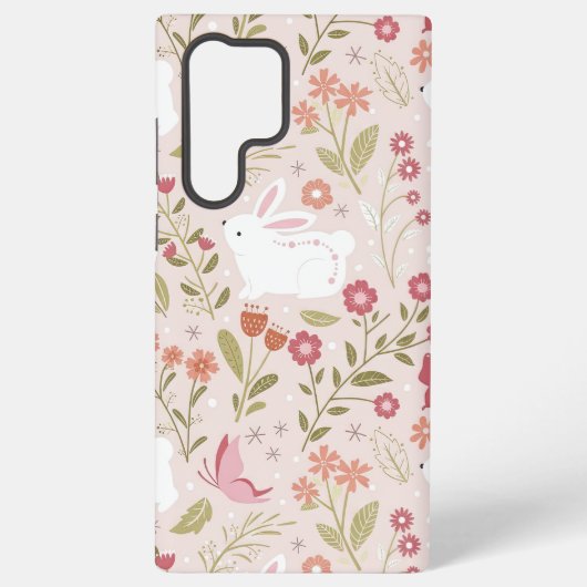 Whimsical Pink Rabbit and Floral Meadow Samsung Galaxy Hoesje (Achterkant)
