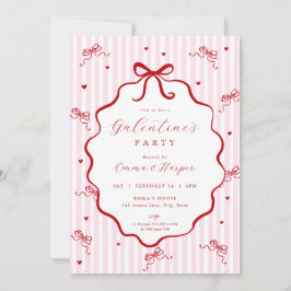 Whimsical Pink Red Bow Heart Galentine's Party Kaart
