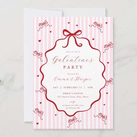 Whimsical Pink Red Bow Heart Galentine's Party Kaart (Voorkant)