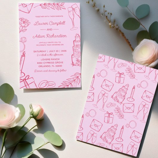 Whimsical Pink & Red Hand-Drawn Wedding Kaart