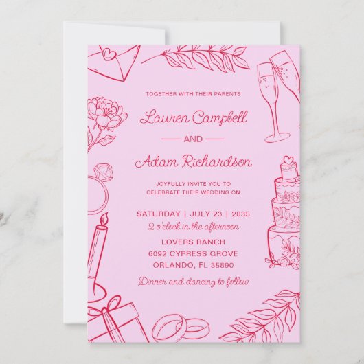 Whimsical Pink & Red Hand-Drawn Wedding Kaart (Voorkant)