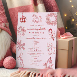 Whimsical pink red Merry little girl baby shower Kaart