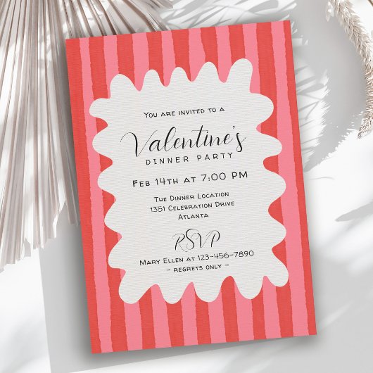 Whimsical Pink Red Wavy Frame Valentines Dinner Kaart