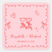 Whimsical Pink Red Wavy Frame Wedding Vierkante Sticker (Voorkant)