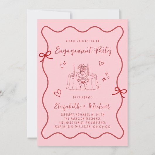 Whimsical Pink Red Wavy Lijst Engagement Party Kaart (Voorkant)