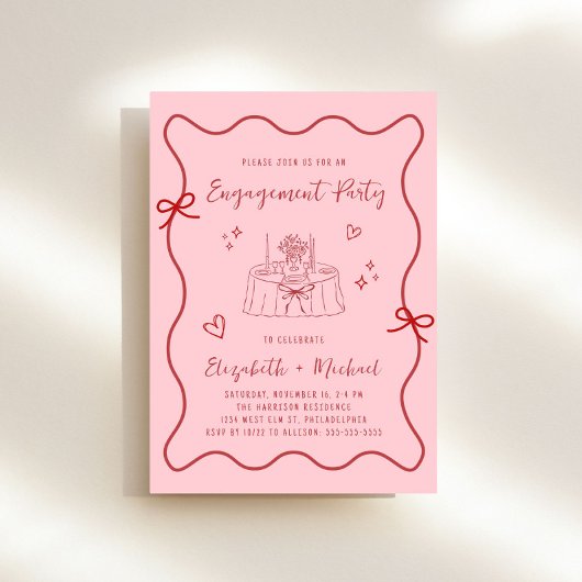 Whimsical Pink Red Wavy Lijst Engagement Party Kaart