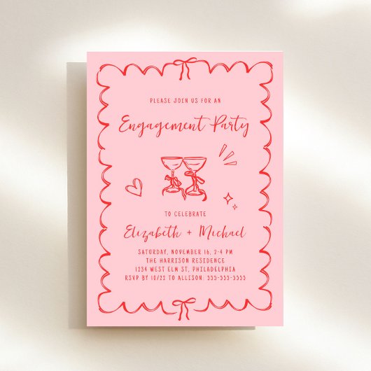 Whimsical Pink Red Wavy Lijst Engagement Party Kaart