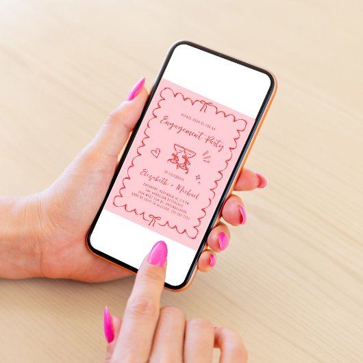 Whimsical Pink Red Wavy Lijst Engagement Party Kaart