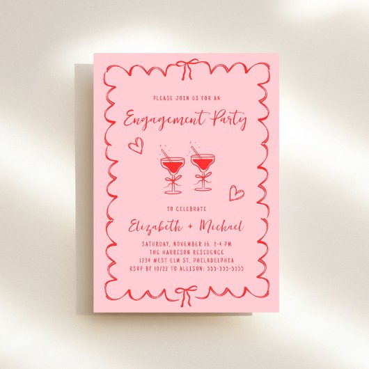 Whimsical Pink Red Wavy Lijst Engagement Party Kaart