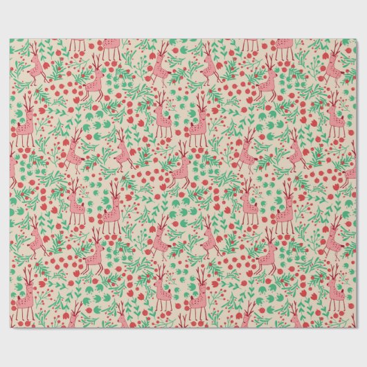 Whimsical Pink Reindeer and Winter Foliage Pattern Cadeaupapier (Vlak)