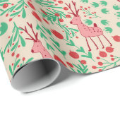 Whimsical Pink Reindeer and Winter Foliage Pattern Cadeaupapier (Rol Hoek)