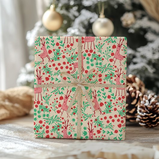 Whimsical Pink Reindeer and Winter Foliage Pattern Cadeaupapier