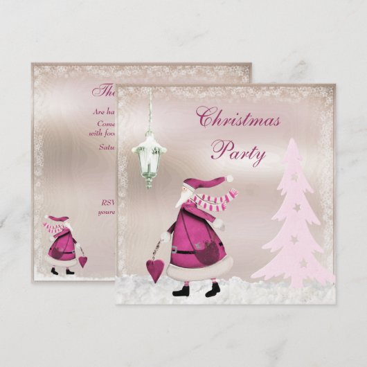 Whimsical Pink Retro Santa Kerstparty nodigt uit Kaart (Voorkant / Achterkant)