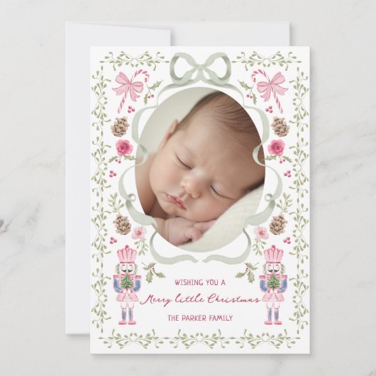 Whimsical Pink Sage Nutcracker Bow Frame Feestdagenkaart (Voorkant)