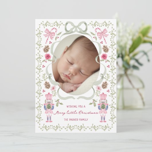 Whimsical Pink Sage Nutcracker Bow Frame Feestdagenkaart (Staand voorkant)