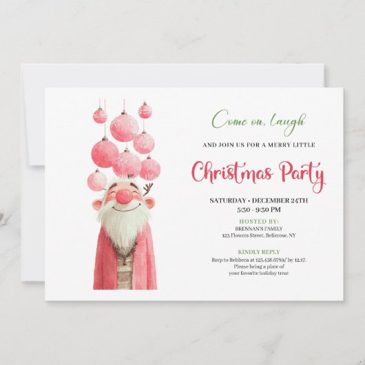 Whimsical pink santa Christmas party invitation  Kaart (Voorkant)