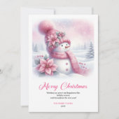 Whimsical pink snowman Christmas kids card digital Feestdagenkaart (Voorkant)