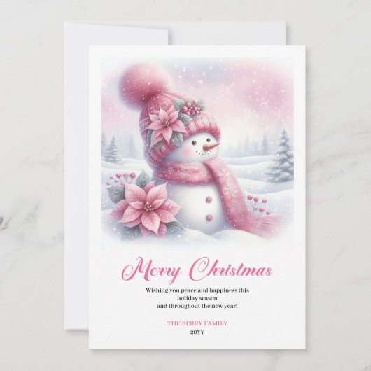 Whimsical pink snowman Christmas kids card digital Feestdagenkaart (Voorkant)