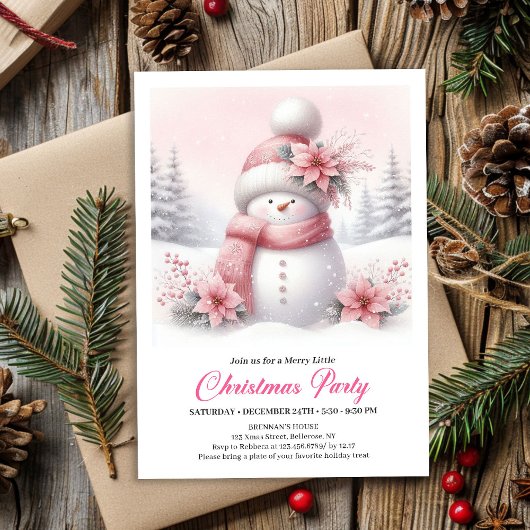 Whimsical Pink Snowman Digital Christmas Invite Kaart