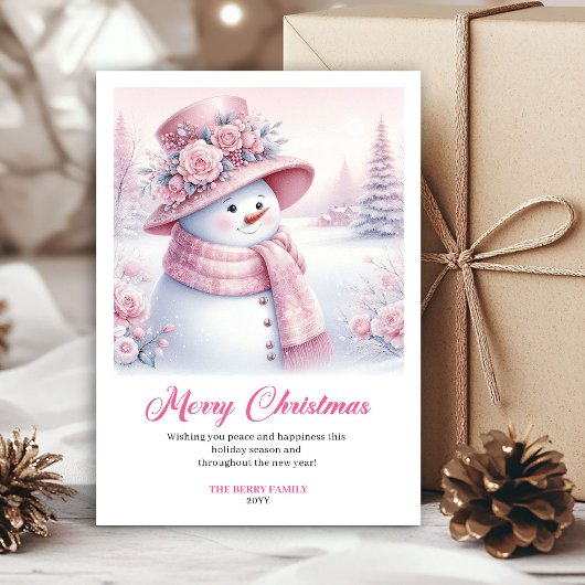 Whimsical Pink Snowman Digital Winter Scene Cards Feestdagenkaart