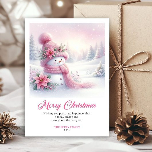 Whimsical Pink Snowman Editable Festive Scene Card Feestdagenkaart