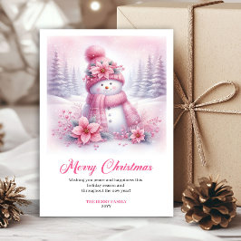 Whimsical Pink Snowman Kids Editable Christmas  Feestdagenkaart
