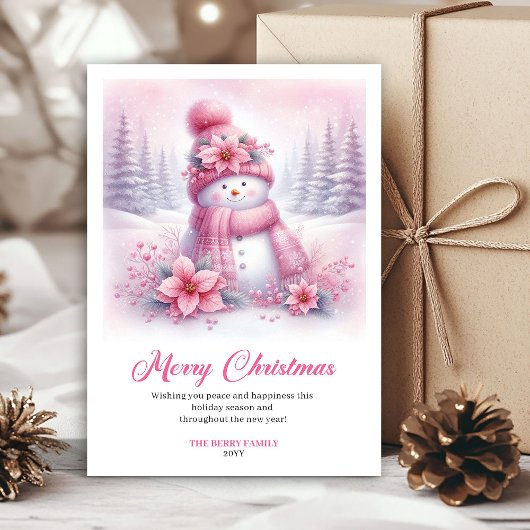 Whimsical Pink Snowman Kids Editable Christmas  Feestdagenkaart