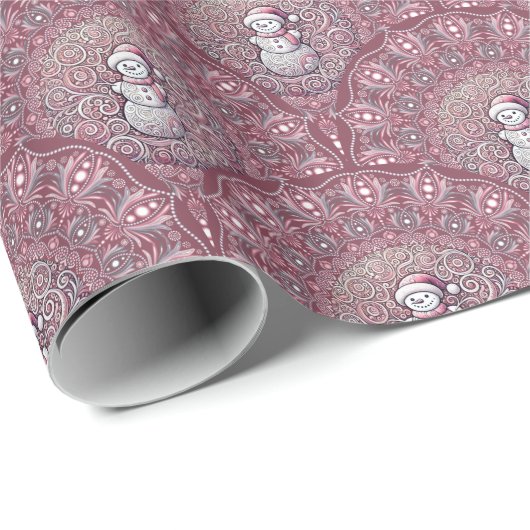 Whimsical Pink Snowman Mandala Art Deco Scallop Cadeaupapier (Rol Hoek)