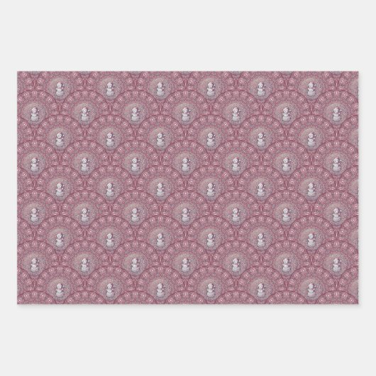 Whimsical Pink Snowman Mandala Art Deco Scallop Inpakpapier Vel (Voorkant 3)
