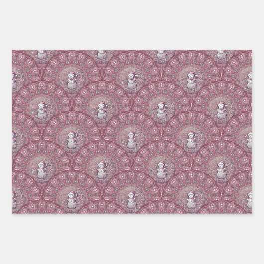 Whimsical Pink Snowman Mandala Art Deco Scallop Inpakpapier Vel (Voorkant)