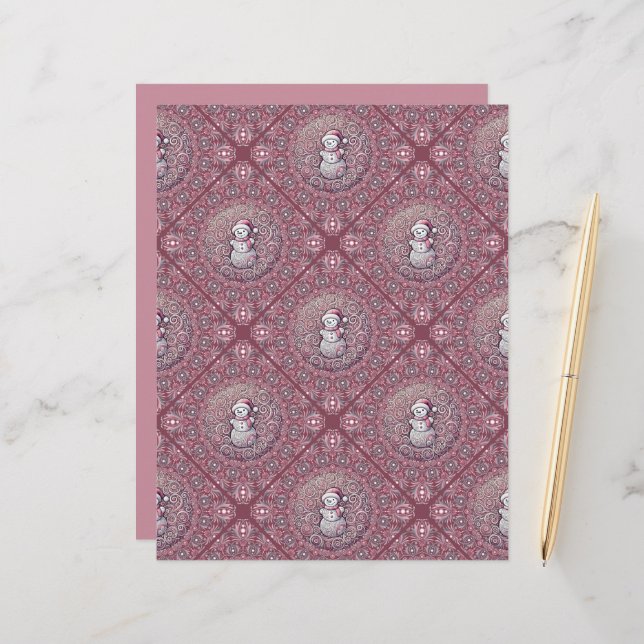 Whimsical Pink Snowman Mandala Geo Tegel Scrapbook (Voorkant / Achterkant in situ)