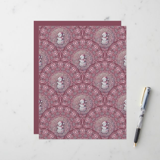 Whimsical Pink Snowman Mandala Scallop Scrapbook (Voorkant / Achterkant in situ)