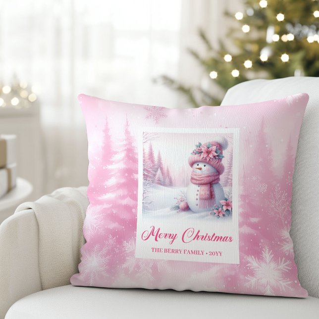 Whimsical Pink Snowman Winter Scene Pillow Gift Kussen (Whimsical Pink Snowman Winter Scene Pillow Gift)