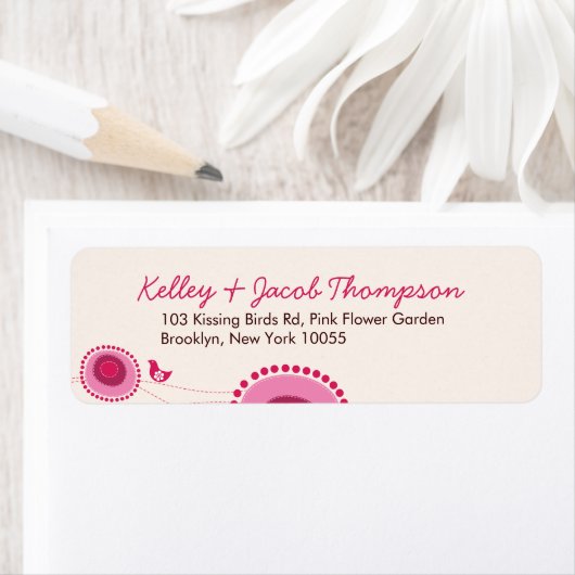 Whimsical Pink Stippen Flowers & Bird Adresetikett Etiket (Insitu)