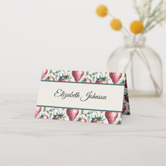 Whimsical Pink Strawberry Summer Naam Plaatskaartje (Voorkant)