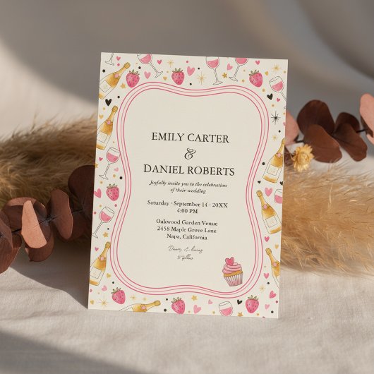 Whimsical Pink Strawberry Wedding Invitation Kaart
