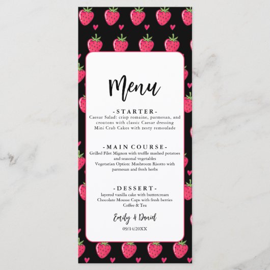 Whimsical Pink Strawberry Wedding Menu (Voorkant)