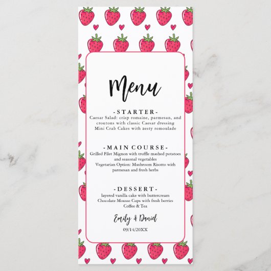 Whimsical Pink Strawberry Wedding Menu (Voorkant)