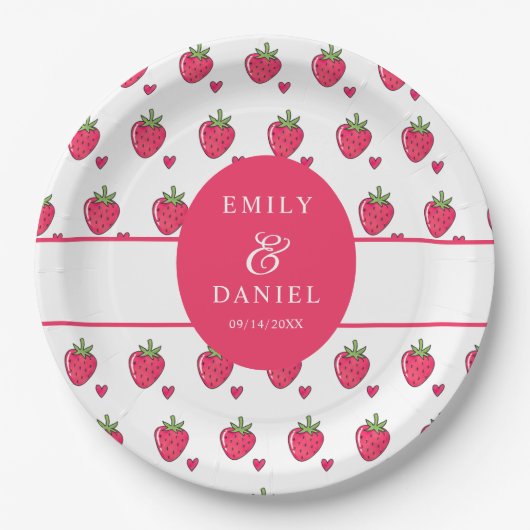 Whimsical Pink Strawberry Wedding Papieren Bordje (Voorkant)