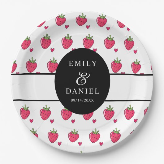 Whimsical Pink Strawberry Wedding Papieren Bordje (Voorkant)