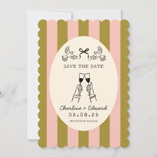 Whimsical Pink Striped Scribble Save the Date  Kaart (Voorkant)