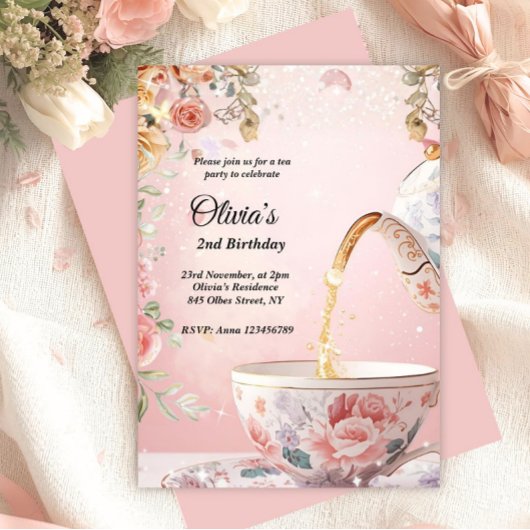 Whimsical Pink Tea Party Floral Birthday  Kaart