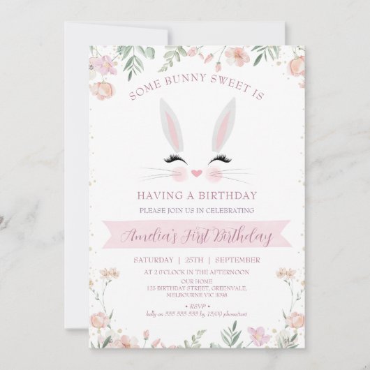 Whimsical Pink Wildflowers Een konijn 1e verjaarda Kaart (Voorkant)